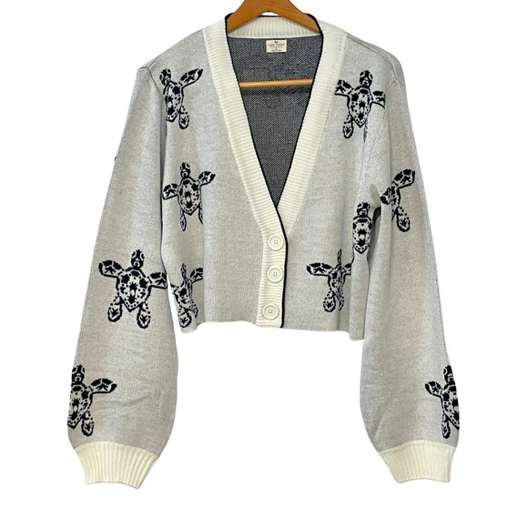 Simply Southern Sz L Cropped V-Neck Cardigan Sea Turtles B&W Knit New Coastal - Picture 1 of 9